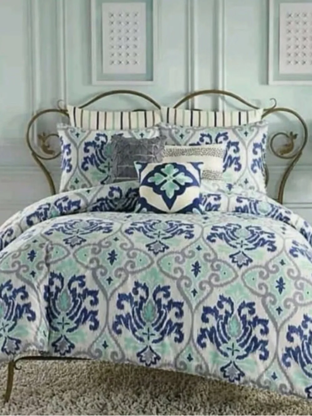NWT Soft Cotton Jolie European Pillow Shams – Blue, Mint & Grey Stripes Set of 2